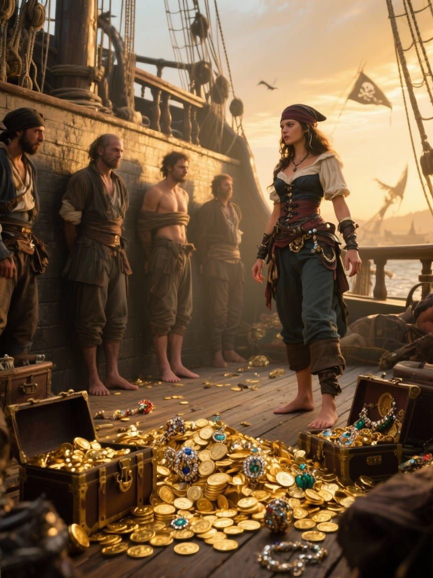 Pirate Captain Counts Loot After Victory, Surveys Prisoners