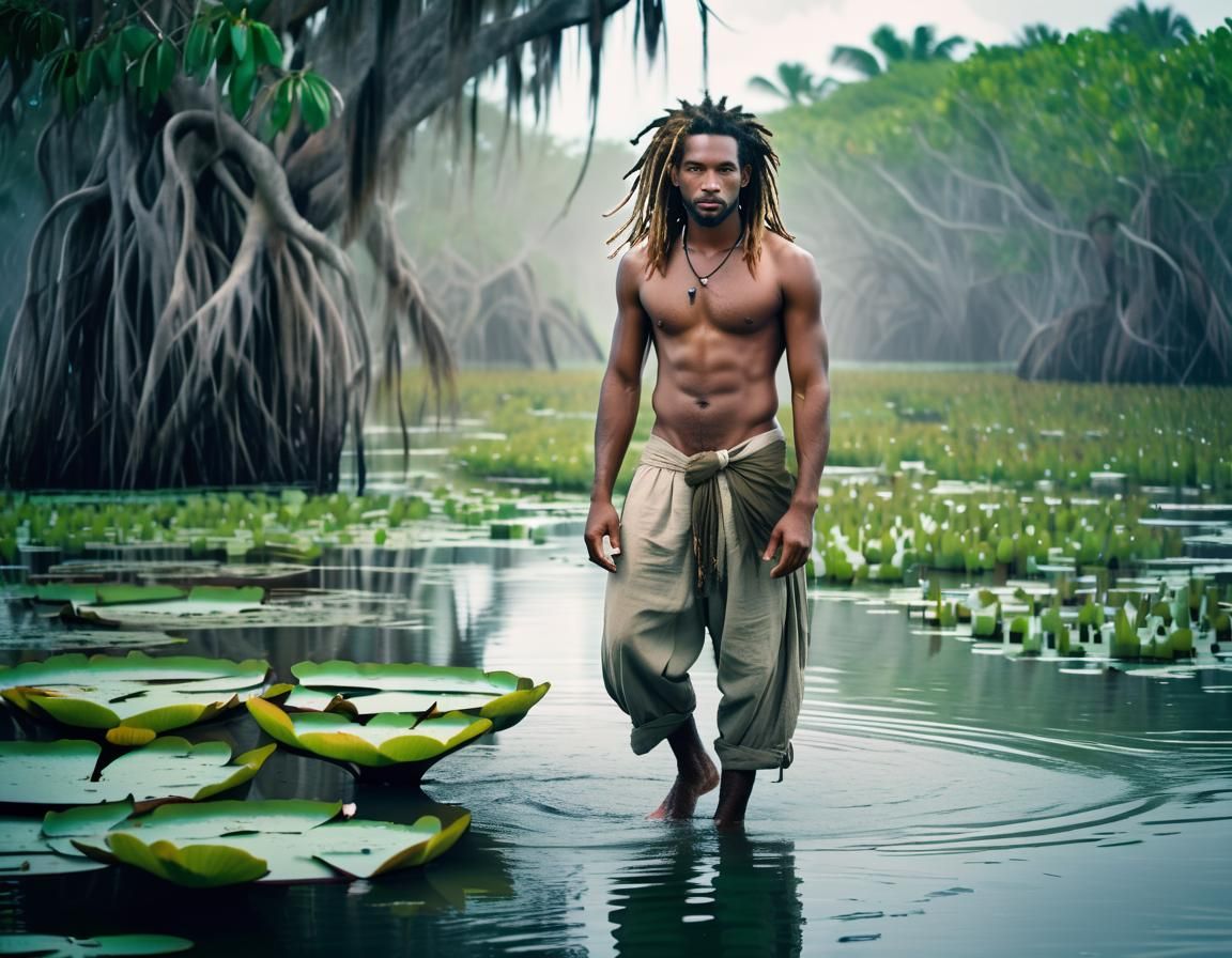 Bahamian Man in Mystical Wetland: Dreamlike Still