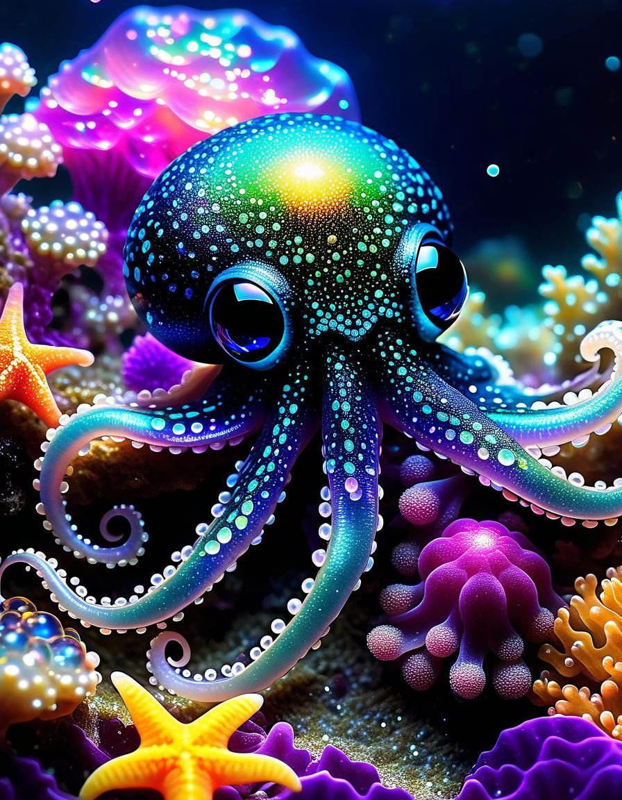 Bioluminescent Pearl Octopus in Crystal Cave