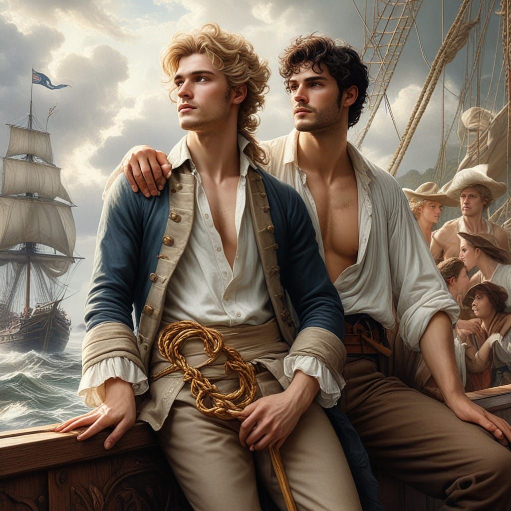Elegant Gentlemen on a Ship in 18th Century French Rococo St...