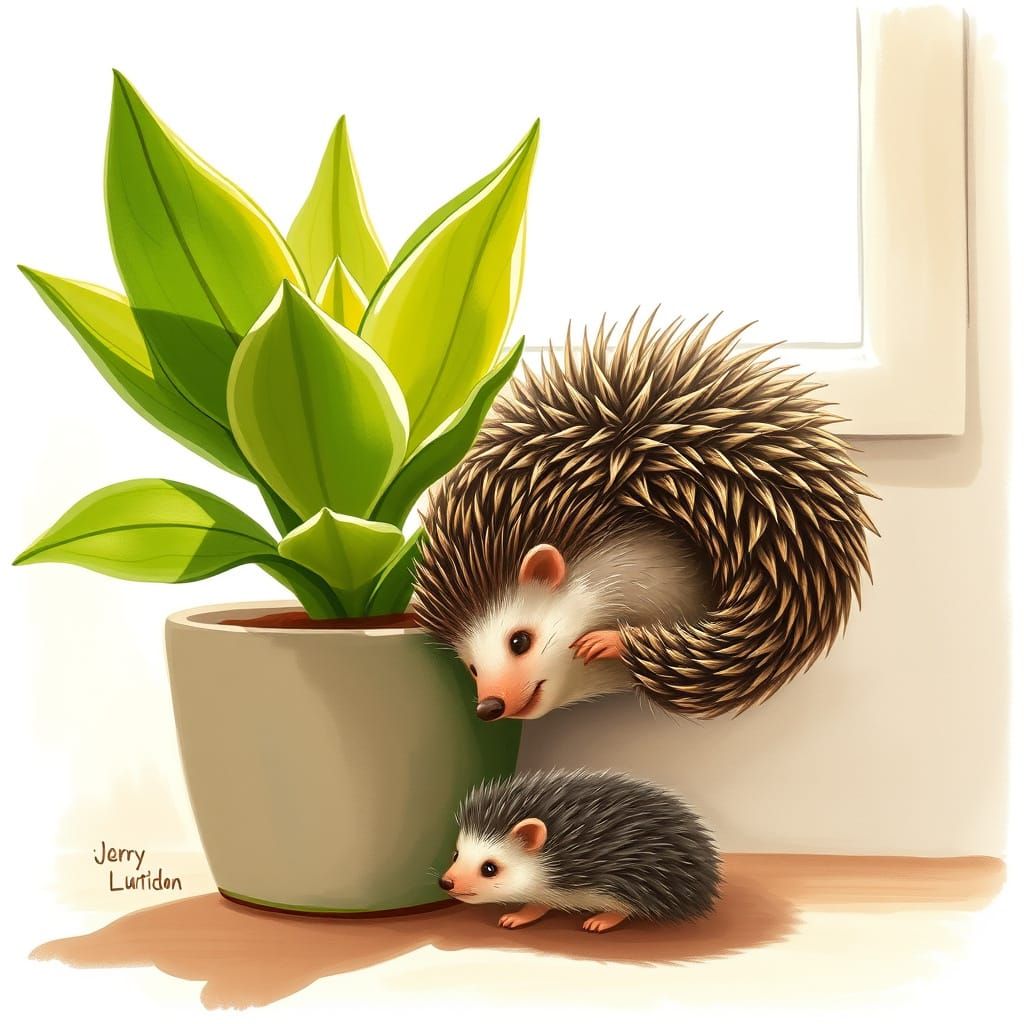 Hedgehog and Plant in Whimsical Illustration Style