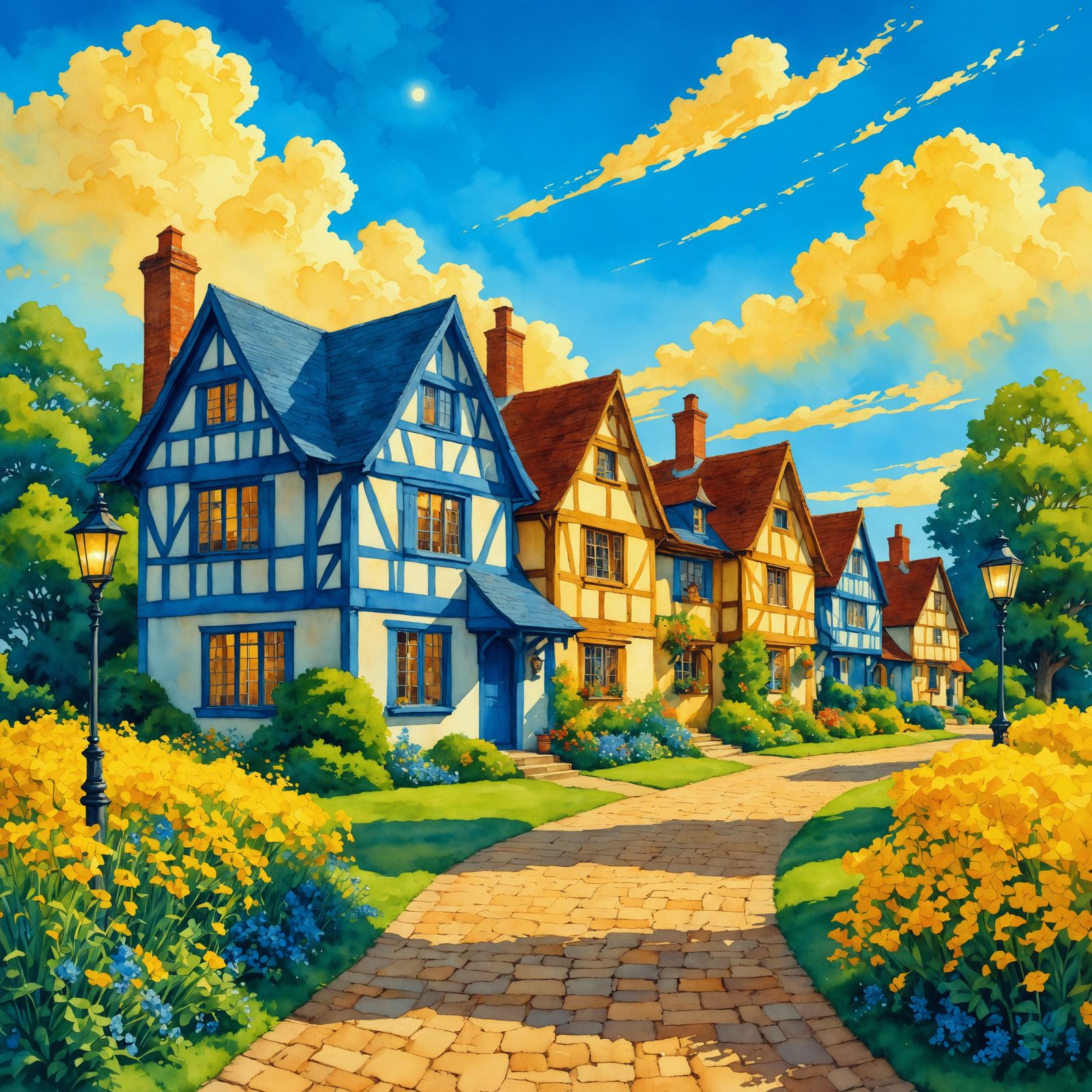 Watercolor Tudor Cottages under a Colorful Sky