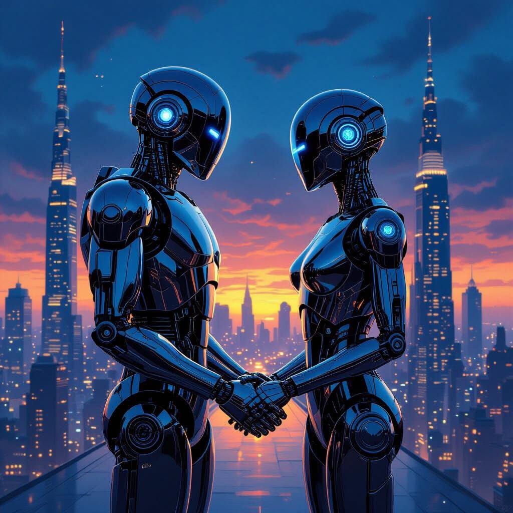 Robotic Couple in Futuristic City at Twilight