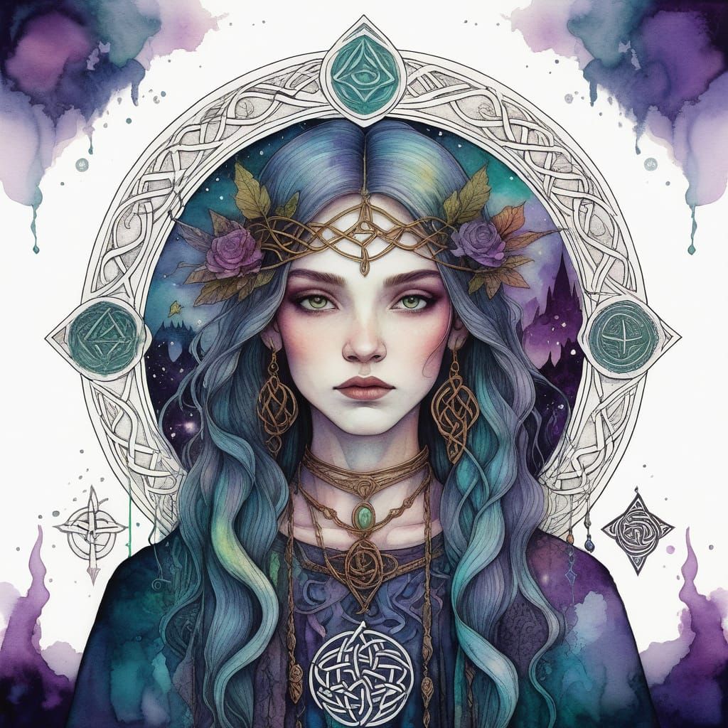 Beautiful Witch Portrait in Celtic Knotwork Grimoire Style