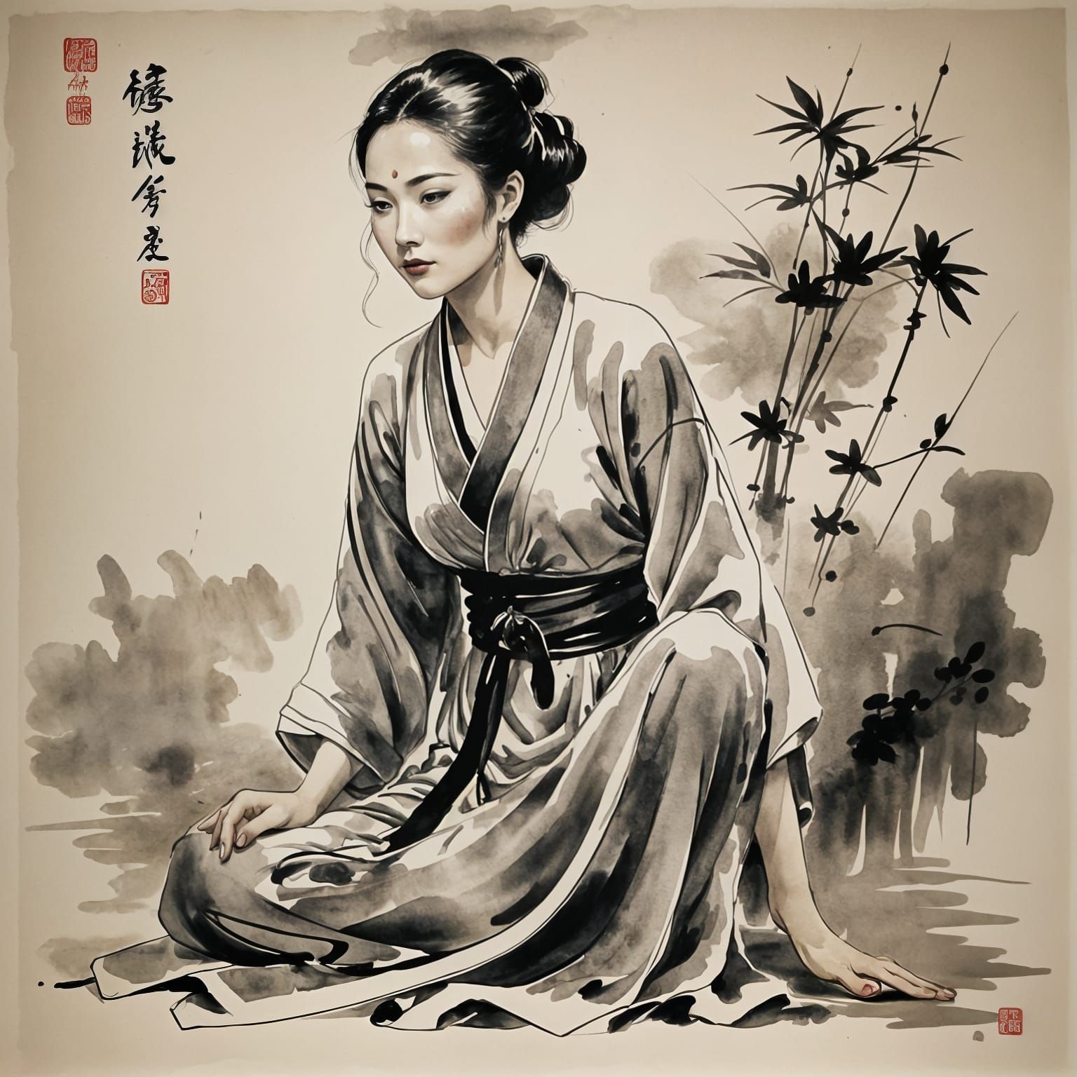 Elegant Woman in Ink Wash Painting