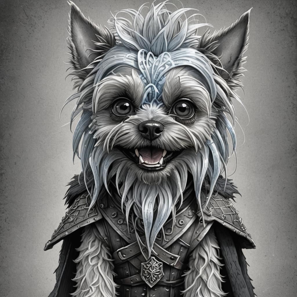 A hilarious caricature black pencil drawing of a Yorkie dog as White Walker from Game of Thrones, featuring exaggerated ...