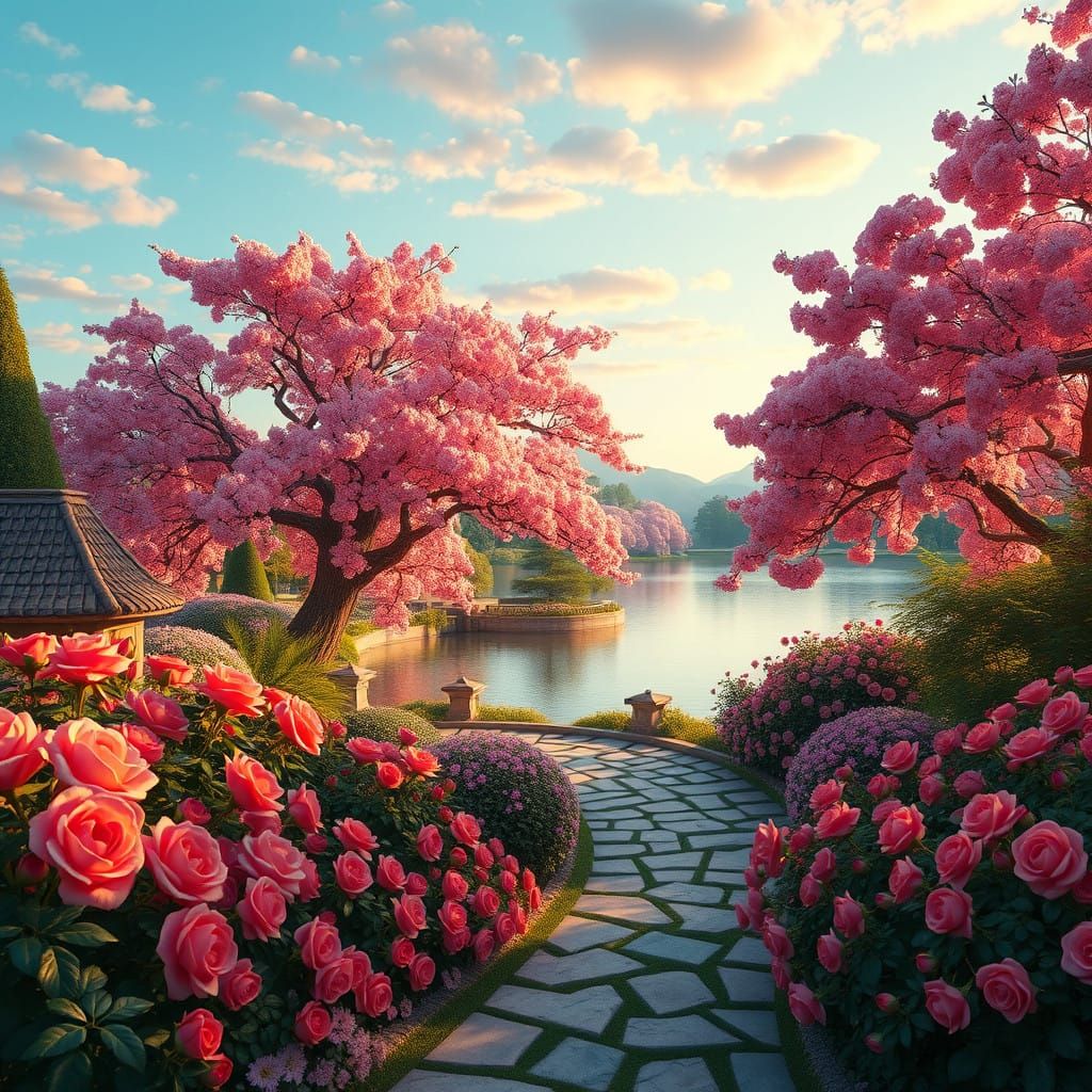 Serene Paradise Garden in Vibrant Bloom