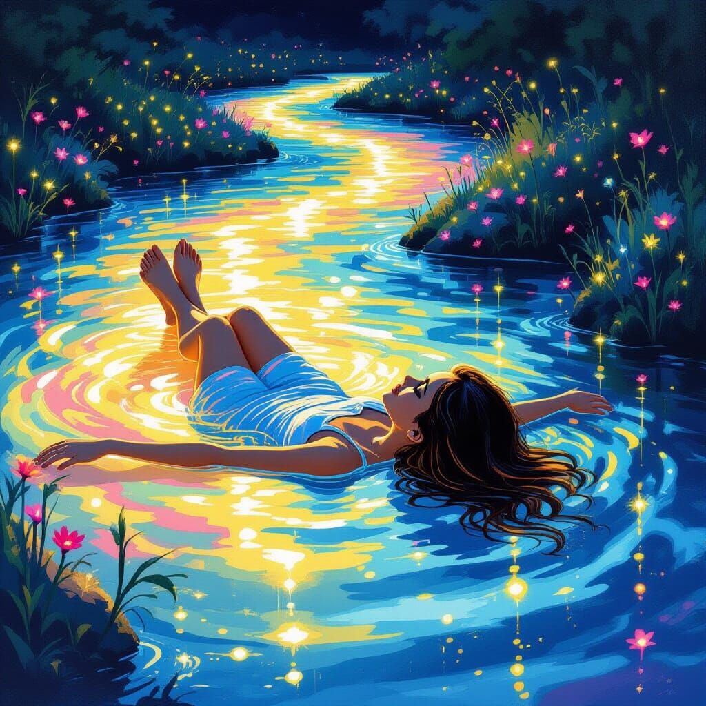 Girl Floats on Luminous River at Night