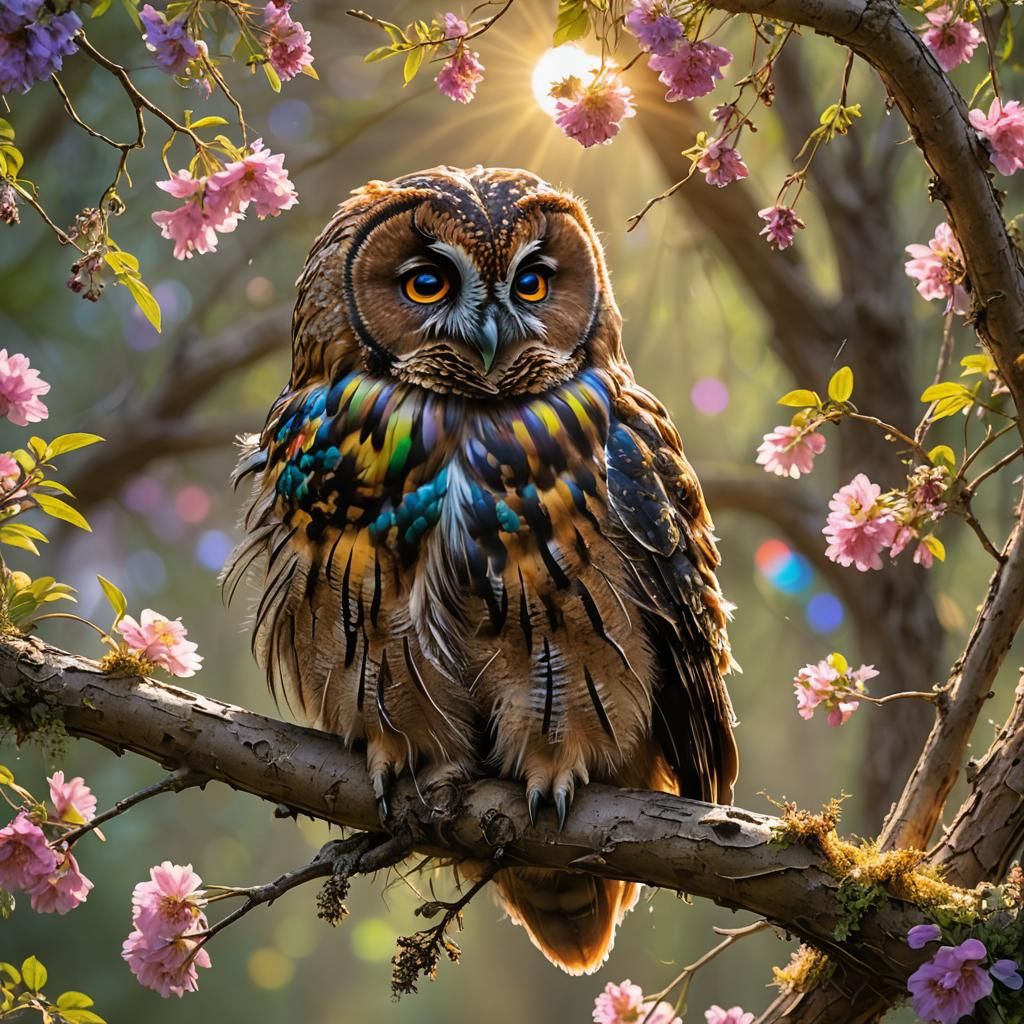 Rainbow Owl Feeding Baby in Surreal Forest