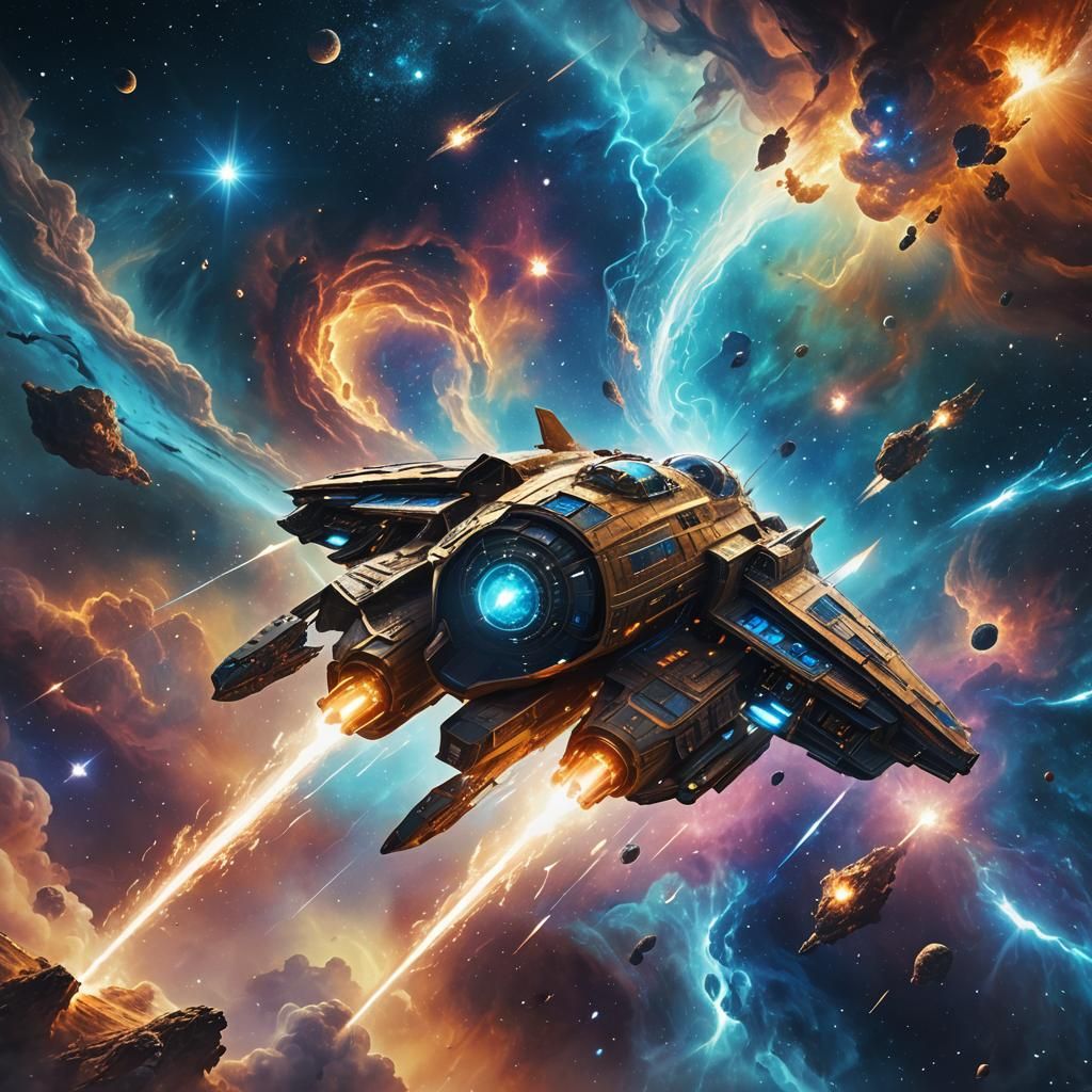 Spaceship in Electric Blue Nebula: Fantasy Concept Art