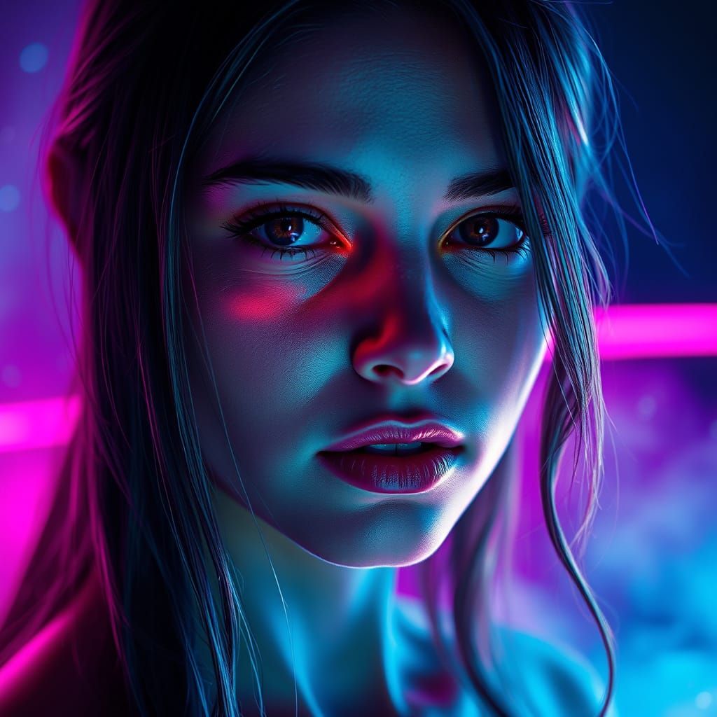 Ethereal Woman Portrait with Neon Glow in Cyberpunk Style
