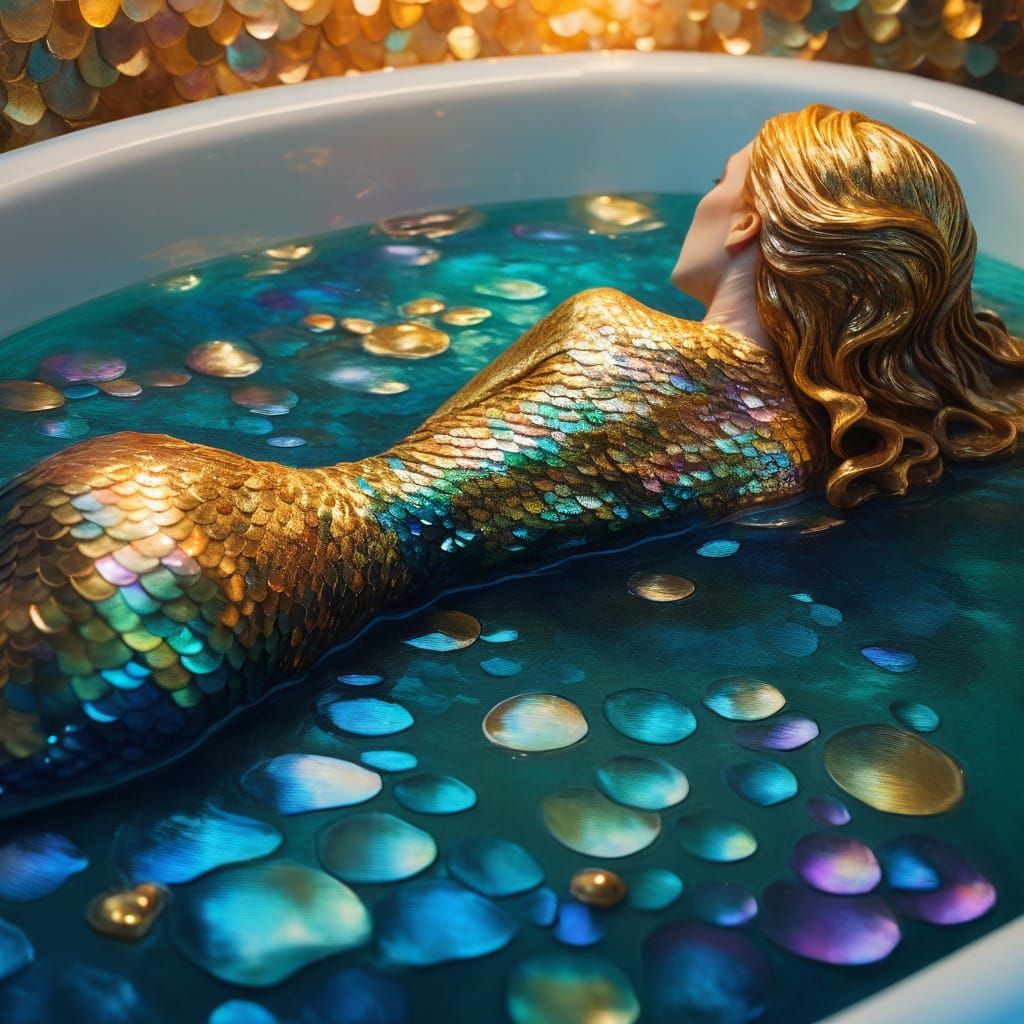 Mermaid Soaping in Bathtub, Dreamlike Oil Painting