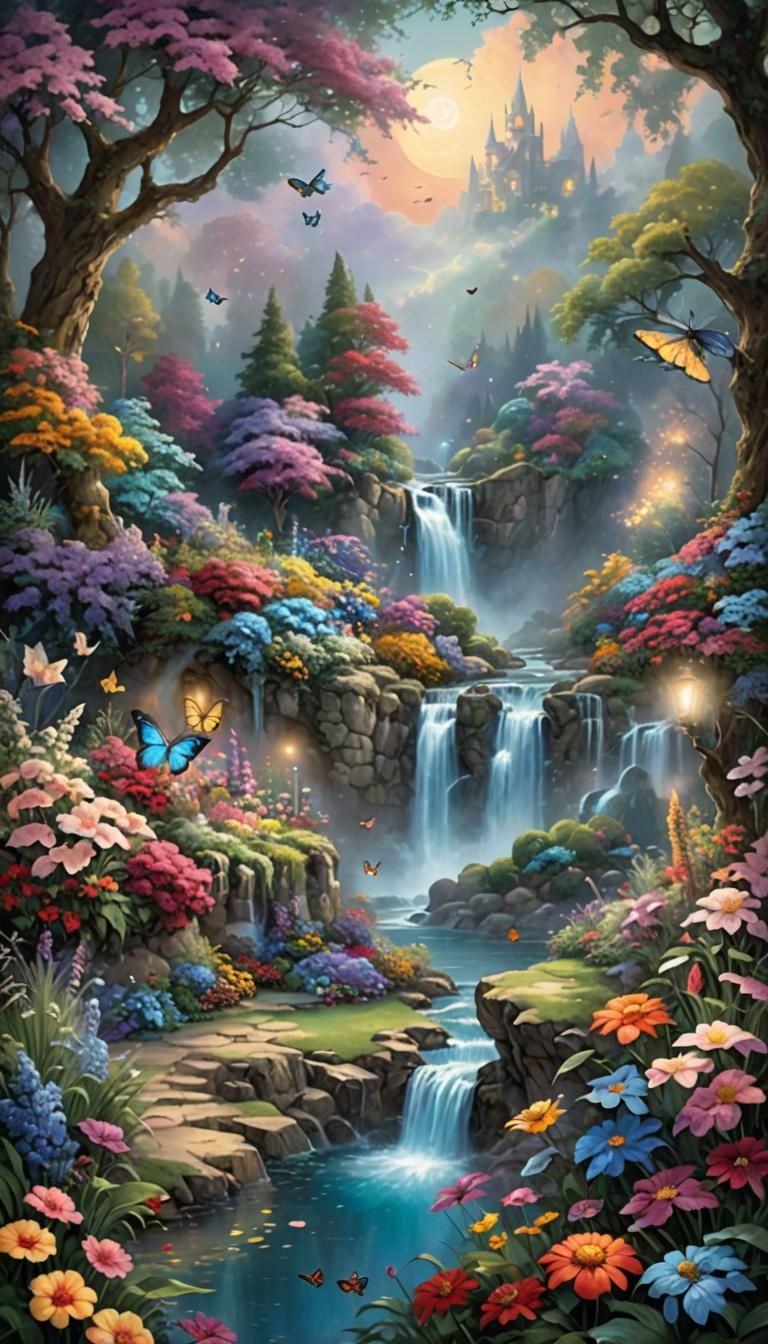 Magical Garden with Giant Moon in Kinkade Style