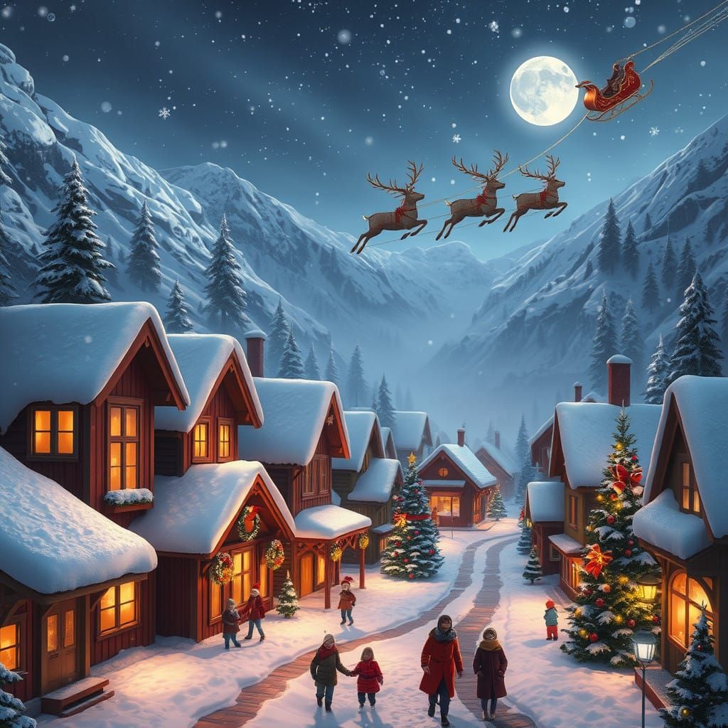 Snowy Village Scene in Vibrant Winter Wonderland