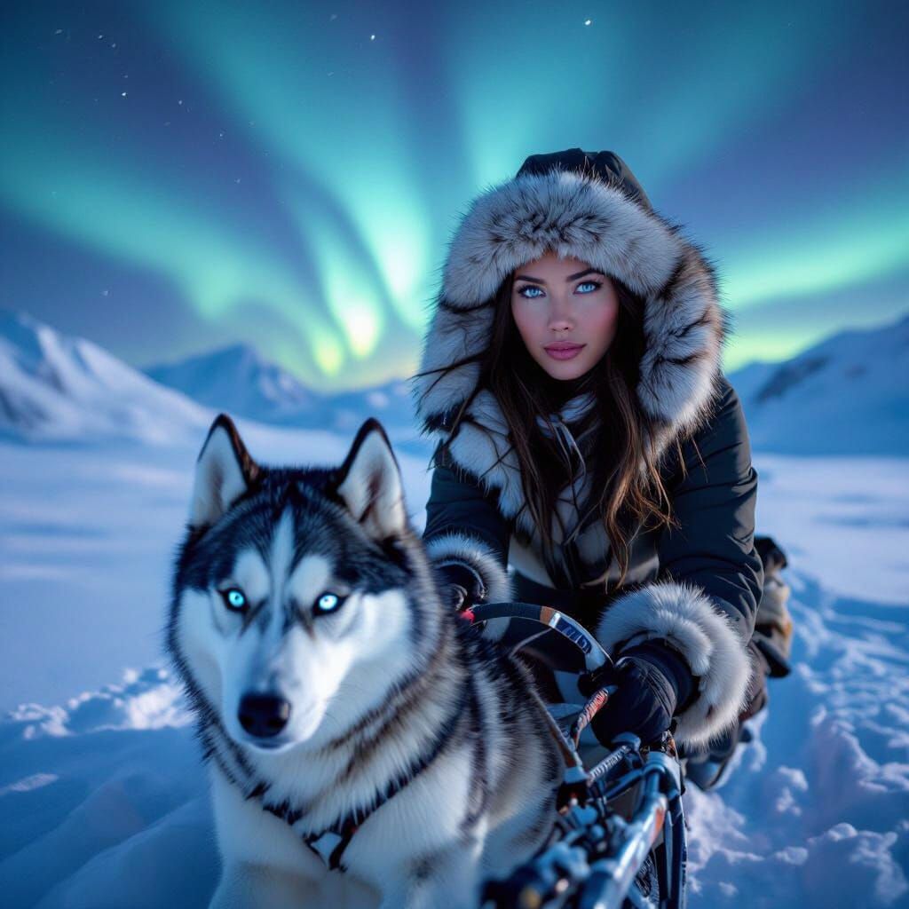 Inuit Woman Rides Husky Sled Under Aurora Borealis