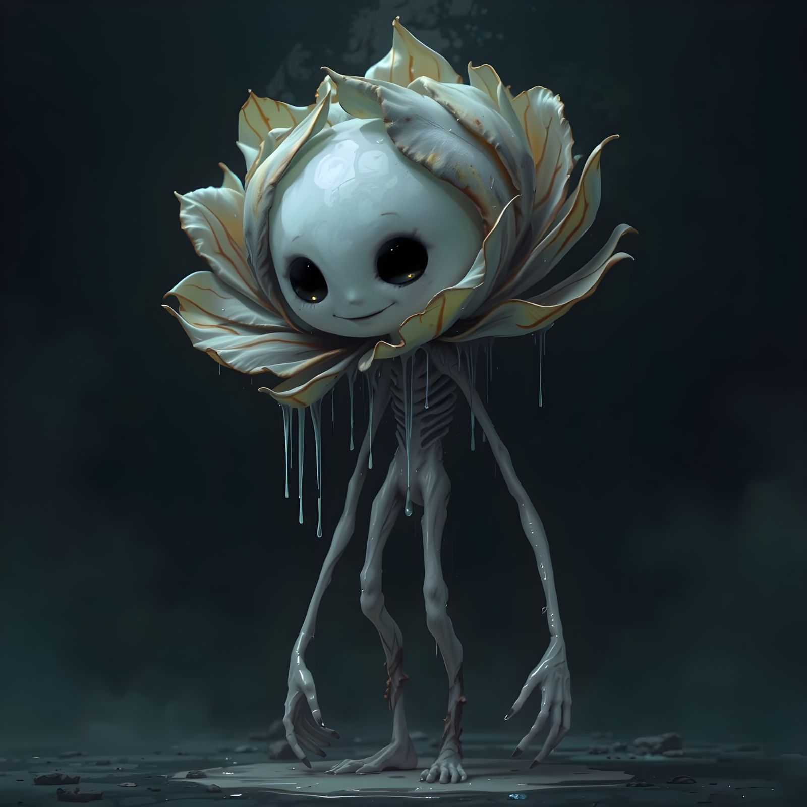 A haunting yet whimsical figure stands in the dim, unsettlin...