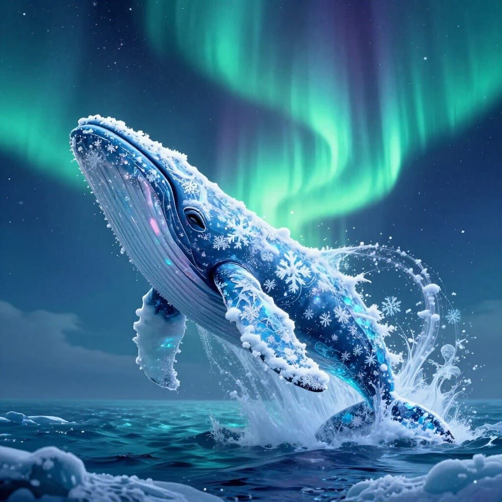 Snowflake Whale Breaching Under Mystical Aurora