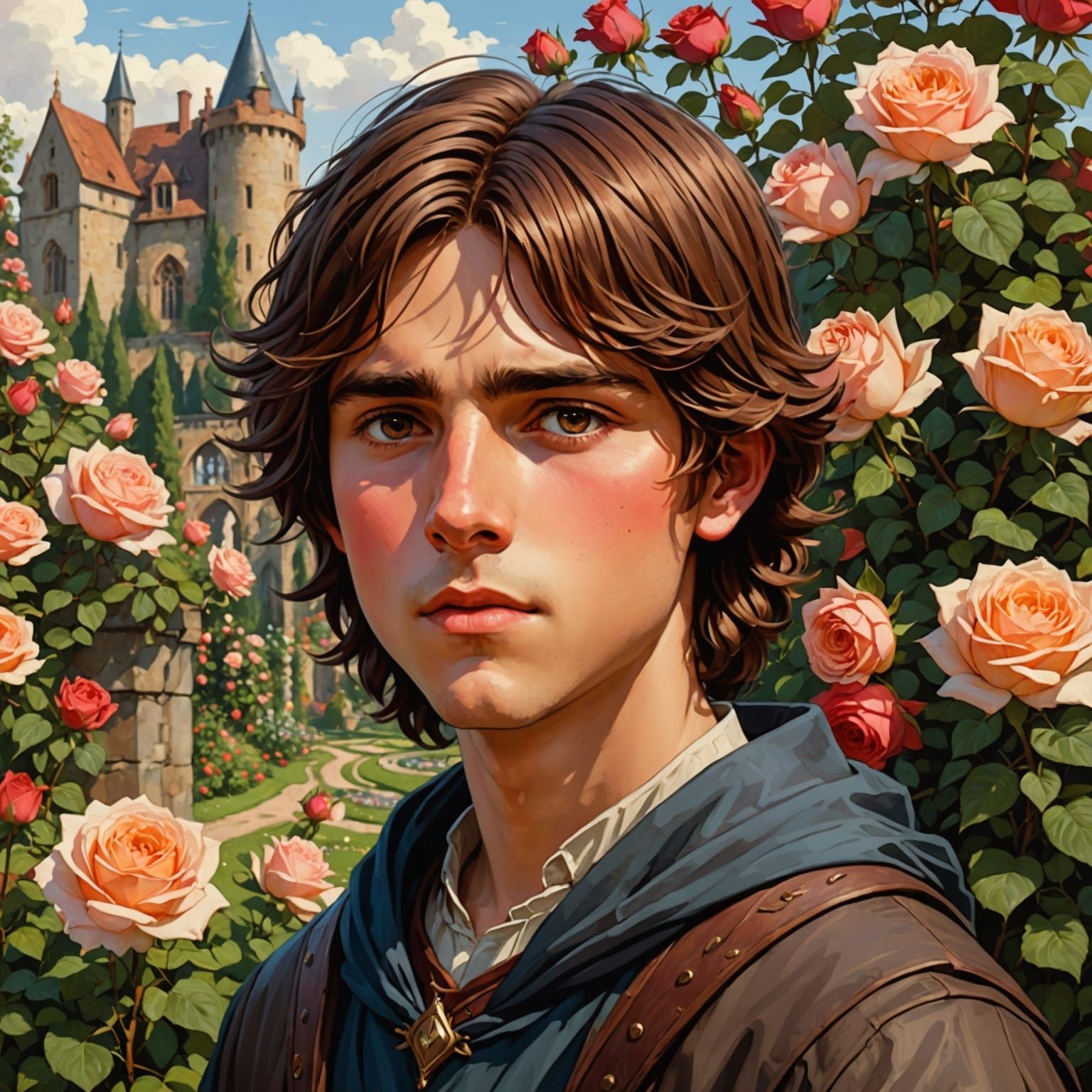 Medieval Boy in Rose Garden, Fantasy Art Style