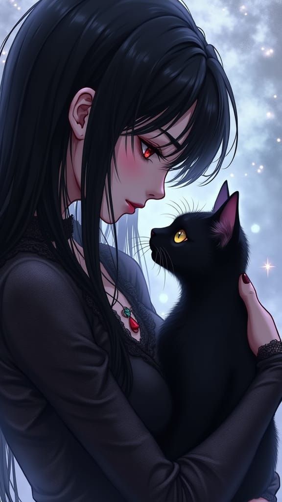 Anime Vampire Goddess with Black Cat in Twilight Aura