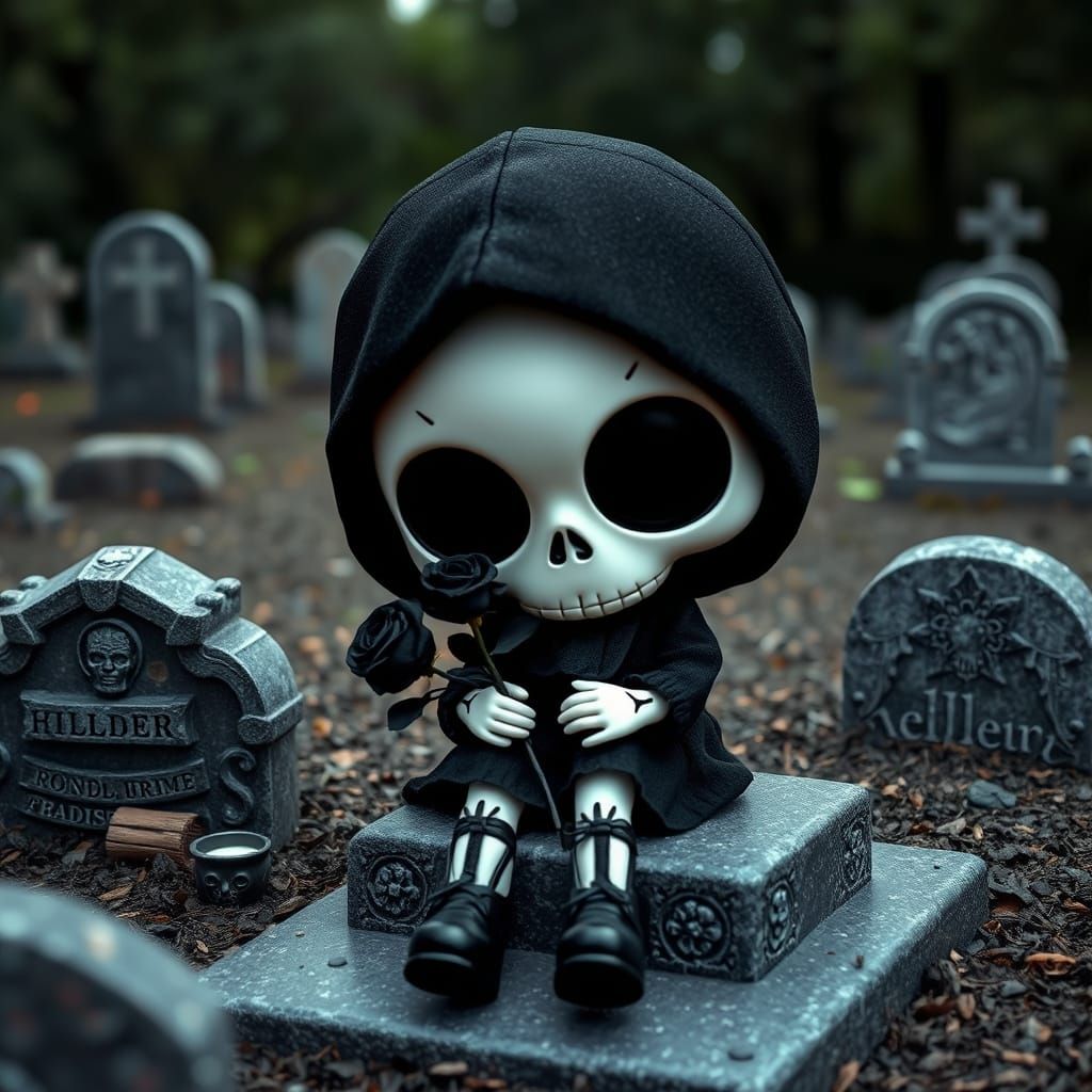 Cute Chibi Skull Doll in Graveyard