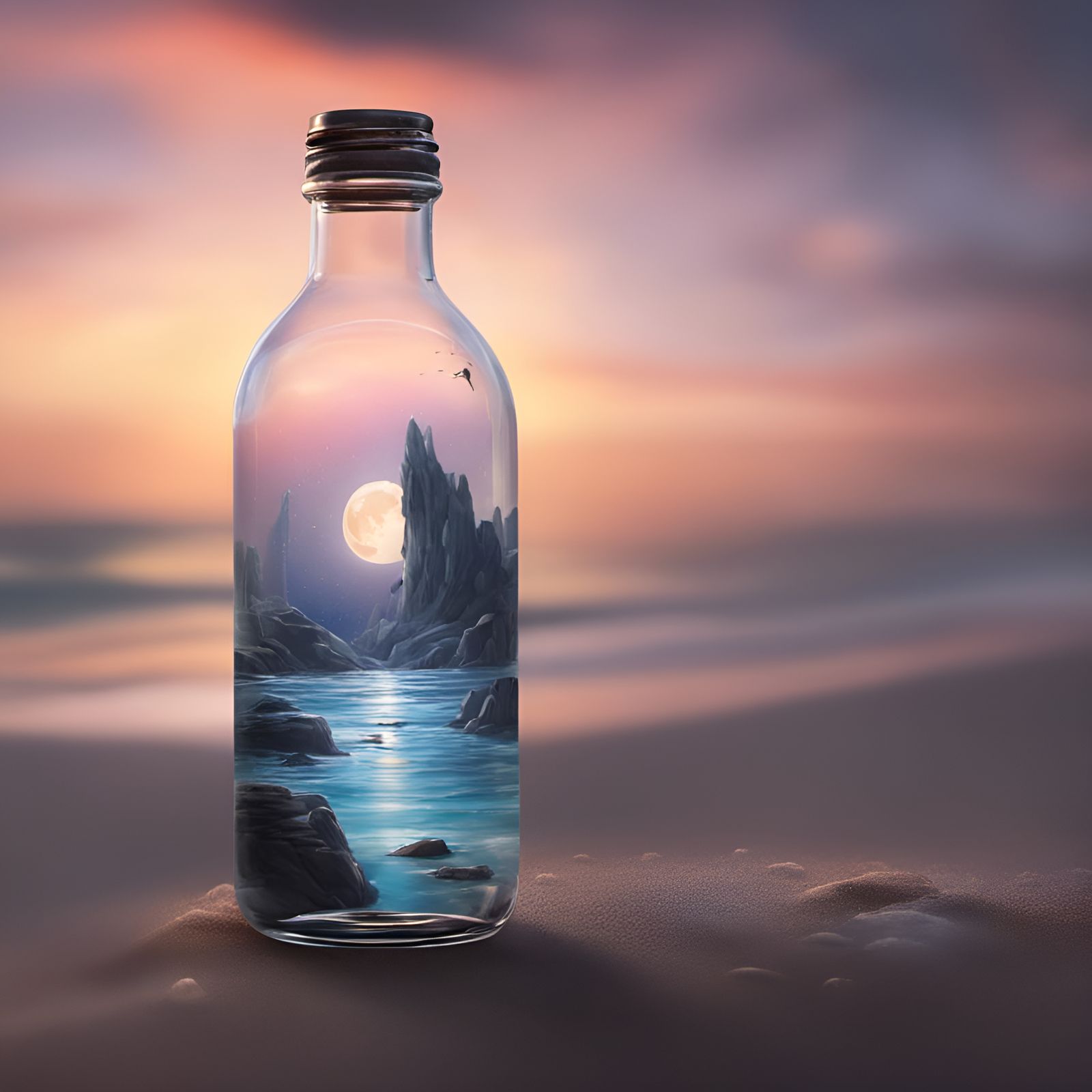 Pixie in a Bottle on Winter Beach at Dusk