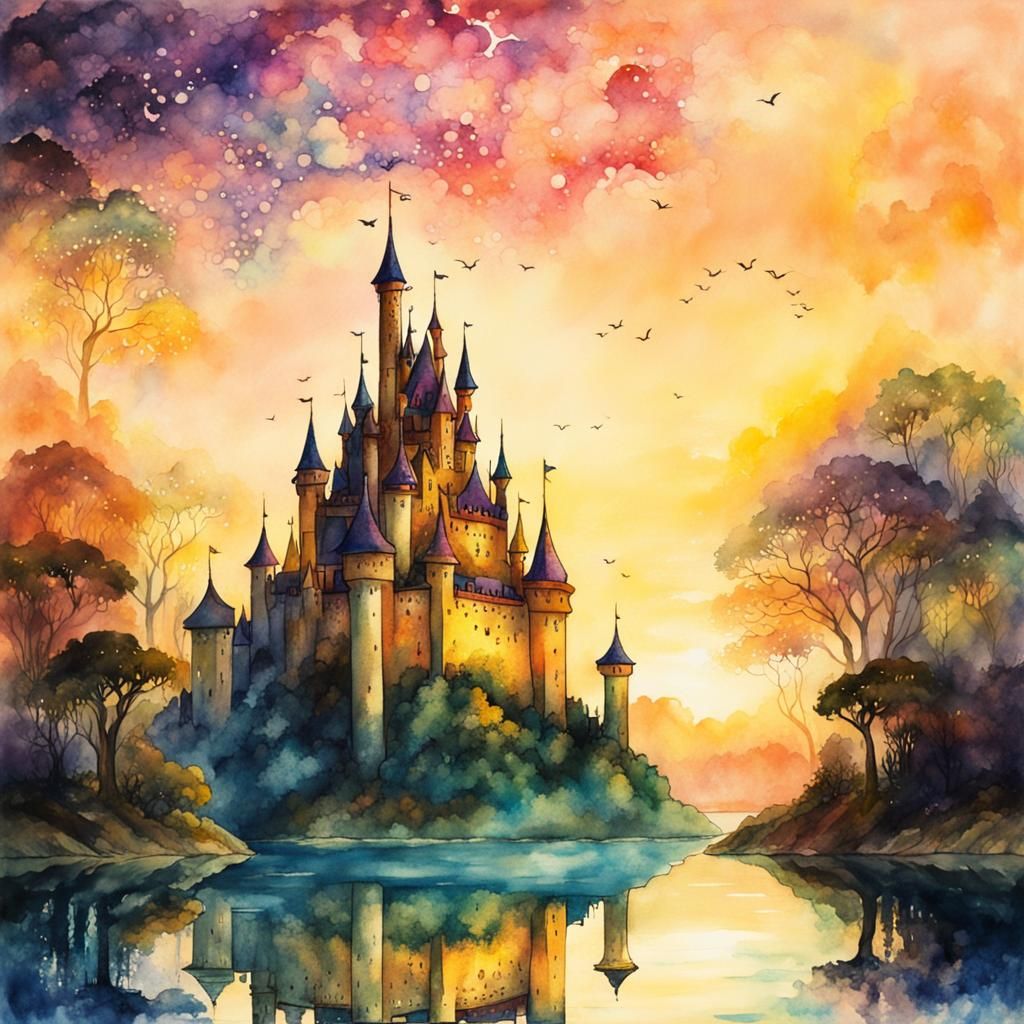 Golden Hour Fantasy Castle Fairytale Lakescape: Watercolour ...