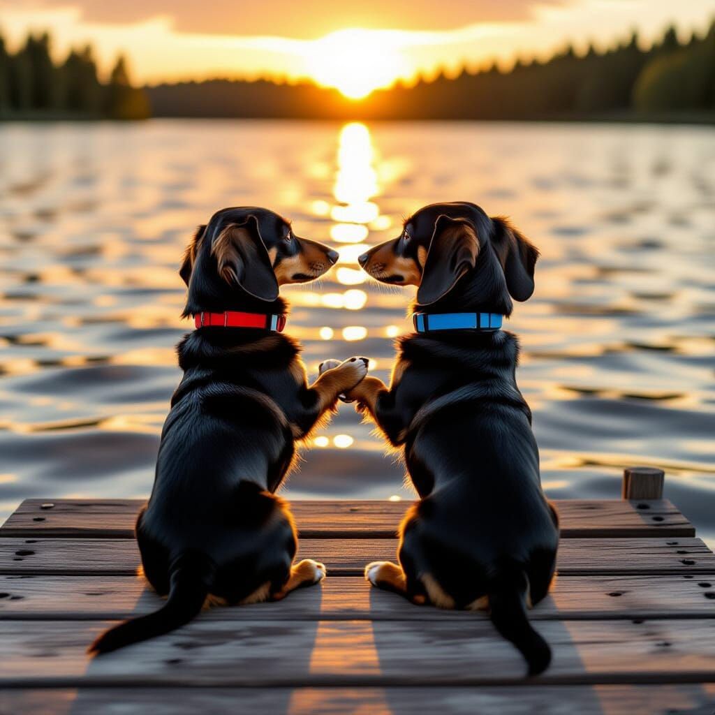 Dachshunds Holding Paws at Sunset, Photorealistic Style