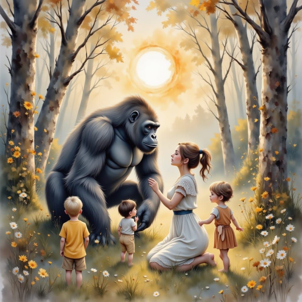 Mother and Gorilla Father in Misty Forest with Comet