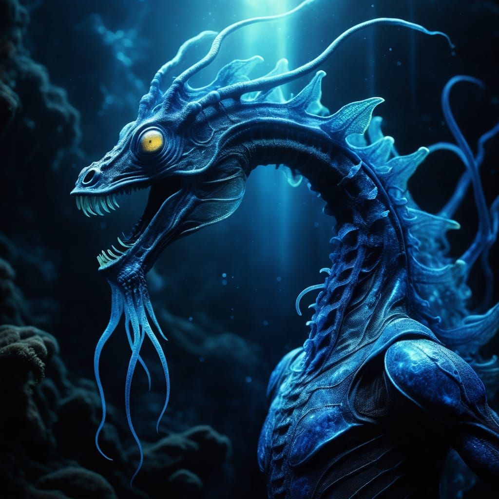 Alien Exoplanet Landscape: Iridescent Sea Dragon-Like Creatu...