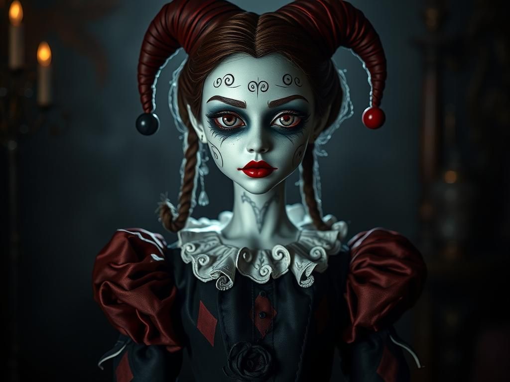 Gothic Horror Harlequin Doll in Dark Mystical Realism