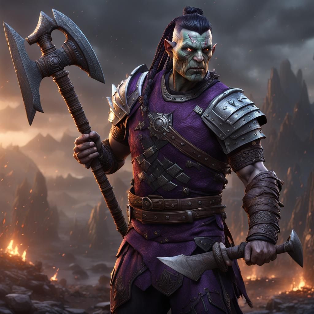 Half-Orc Warrior with Greataxe, Detailed Fantasy Art