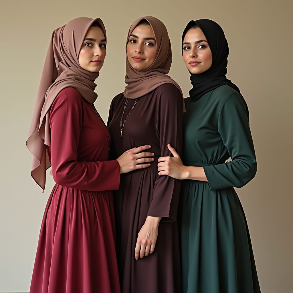 Elegant Young Muslim Women Stand Confidently in Beautiful Ou...