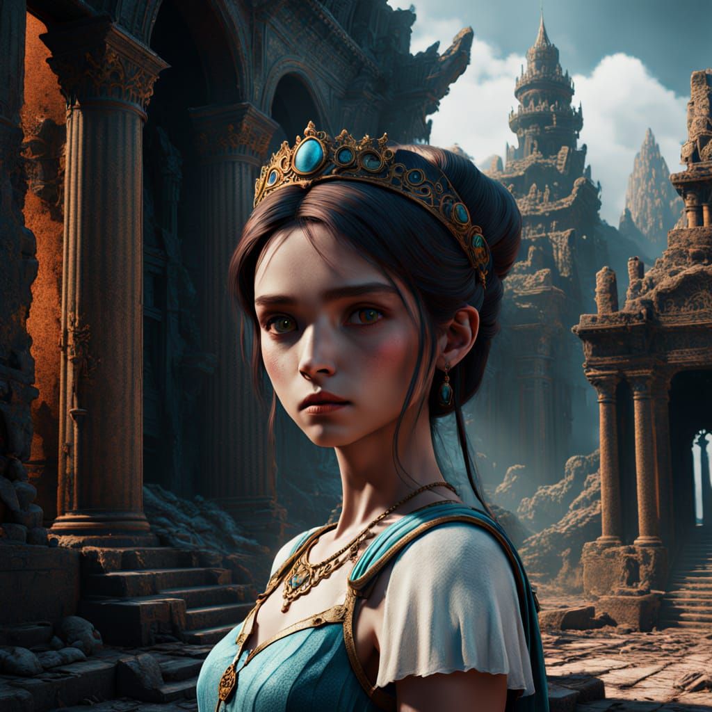 Mysterious Princess in Ancient Temple, Sfumato Art