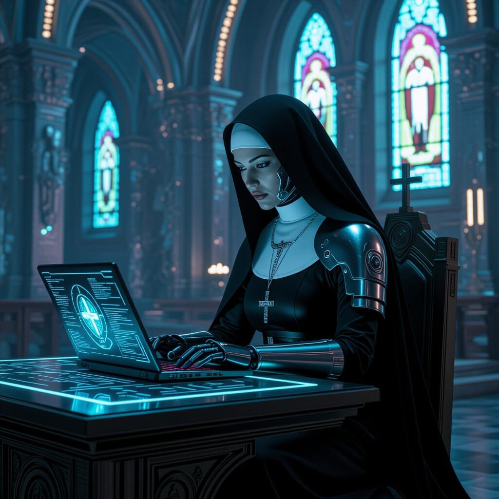Cyborg Nun in Neon-Lit Cyberpunk Church