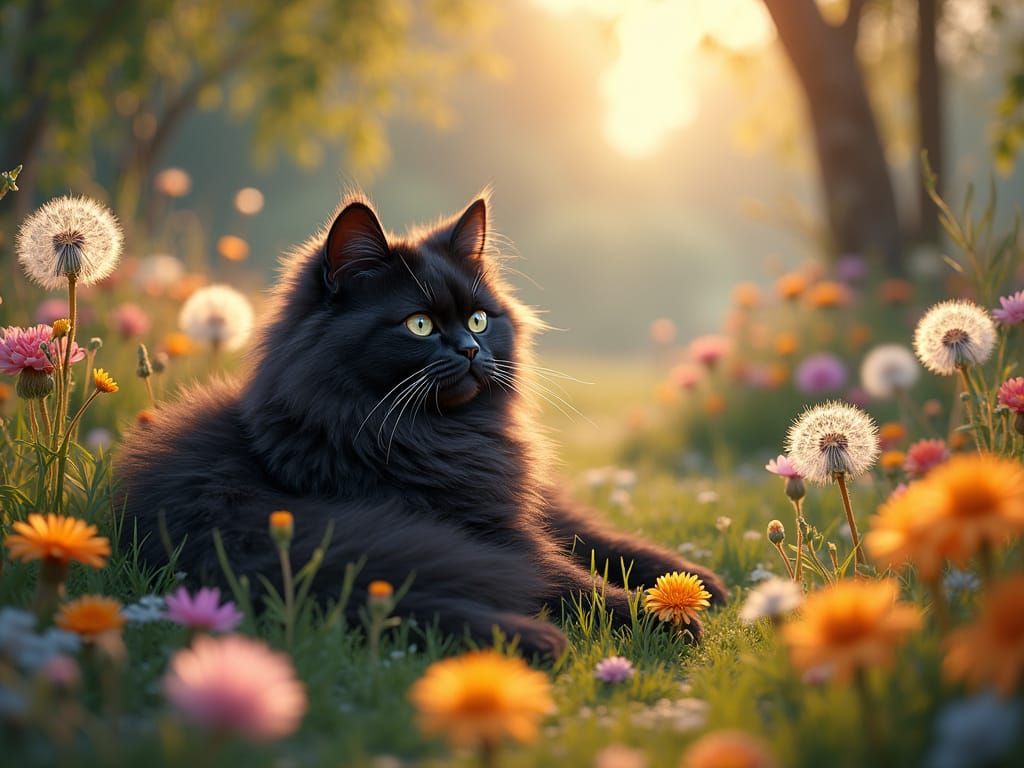 Cozy Cottage Garden with Iridescent Cat in Kaleidoscopic Lig...