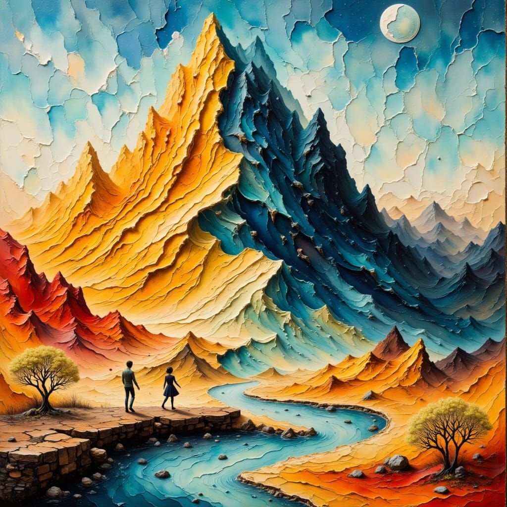 <lora:Moonchild:1.0> <lora:hyperkraximalismus:1.0> <lora:Abstract Reality:1.0> A surreal 3D landscape featuring a textur...