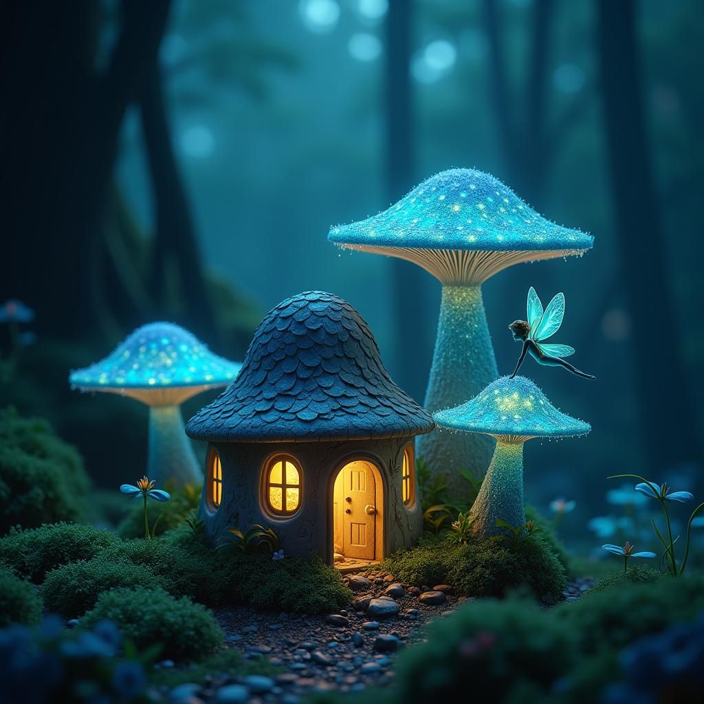Enchanted Fairy Mushroom House in Bioluminescent Forest
