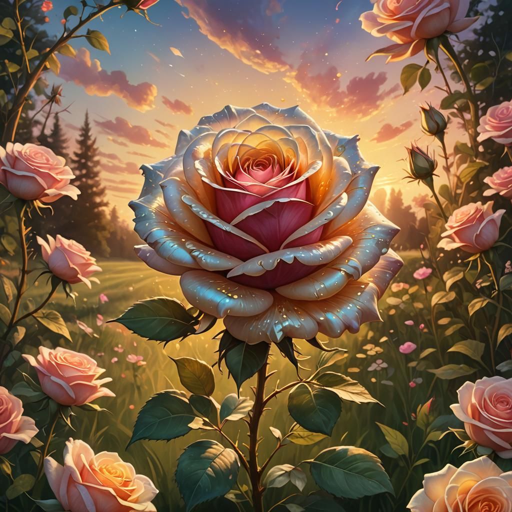 Rose in Meadow: Whimsical Fantasy Concept Art