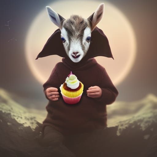Demonic Hooded Goat Eats Cupcake: Fantasy Art