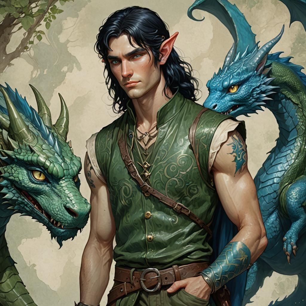 Elf Druid with Dragon Cat Companion