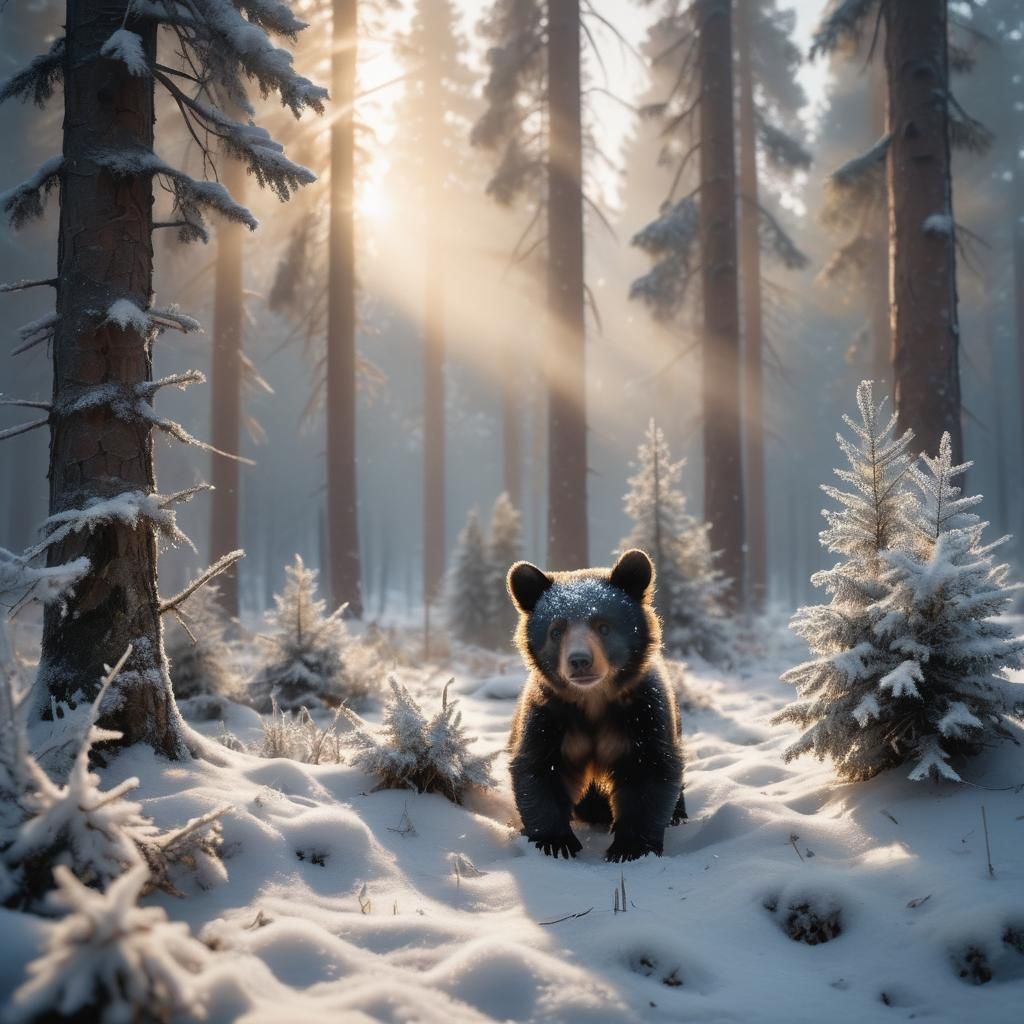 Black Bear Cub Plays in Snowy Winter Forest