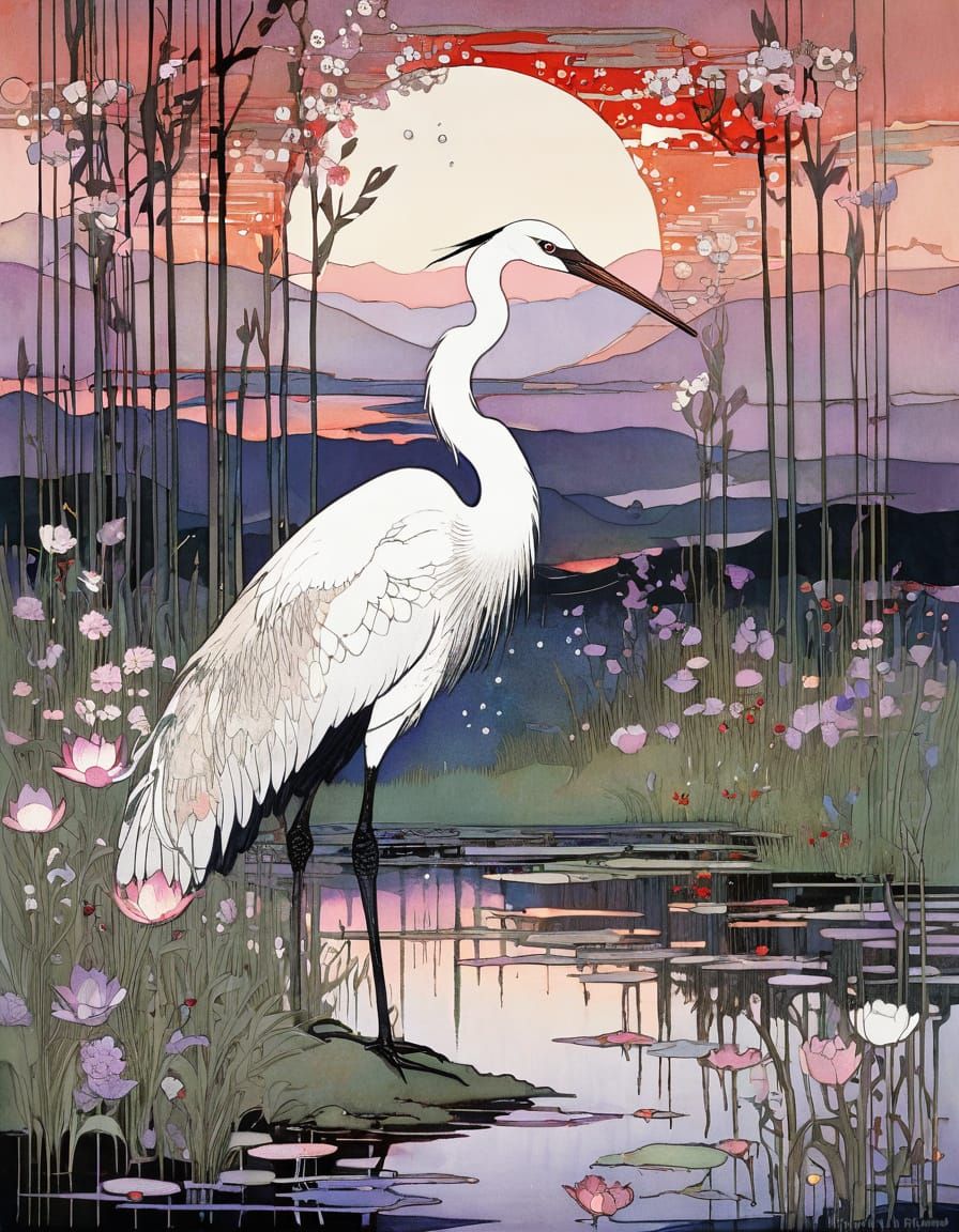 Ethereal White Crane Amidst Vibrant Blooms, in a Dreamlike A...