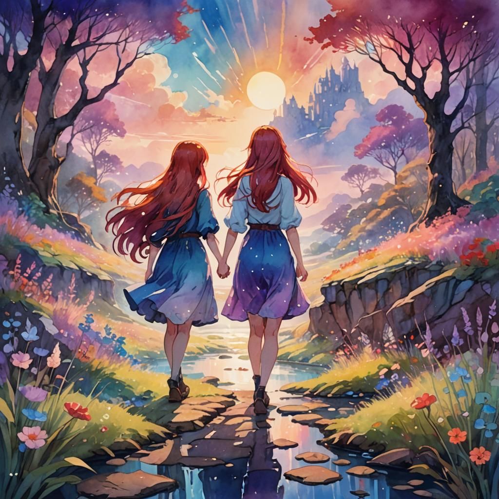 Whimsical Fantasy Girls Holding Hands in Colorful Landscape