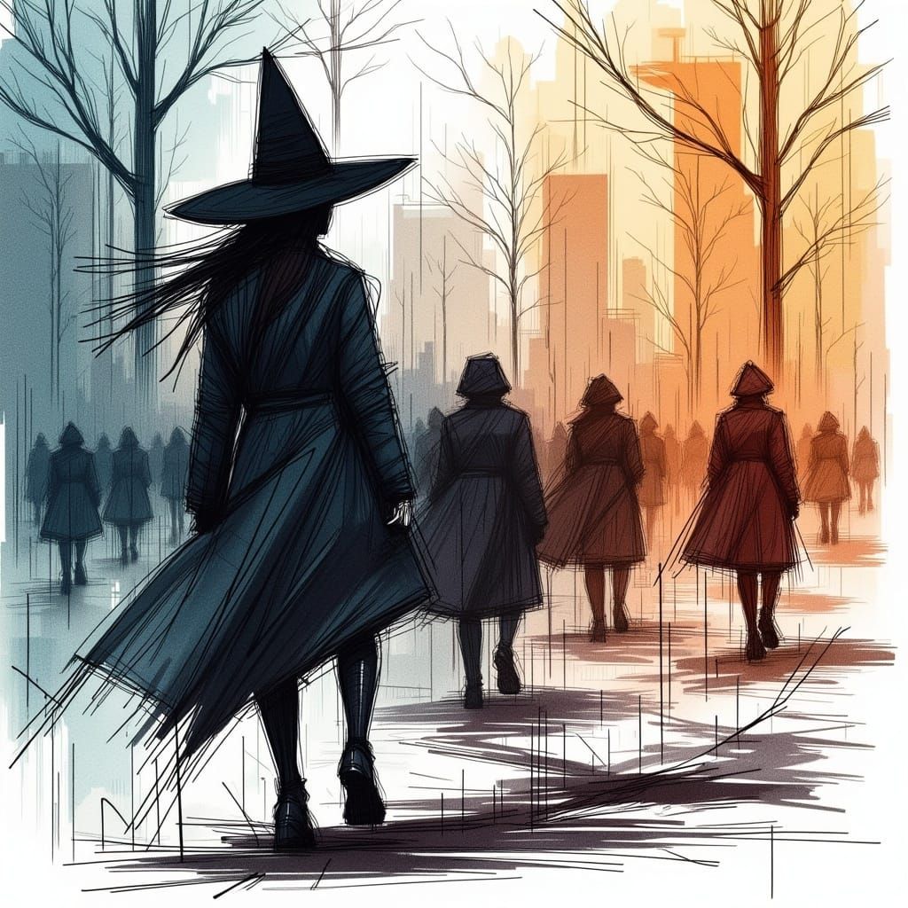 Forest Witch in Foggy Night City with Gouache Details