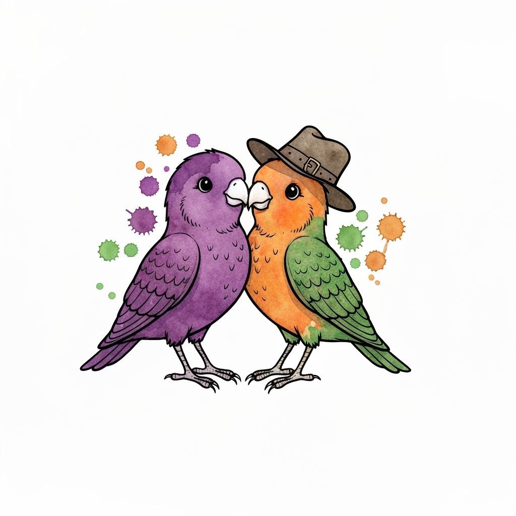 Whimsical Lovebirds Illustration in Watercolor Style