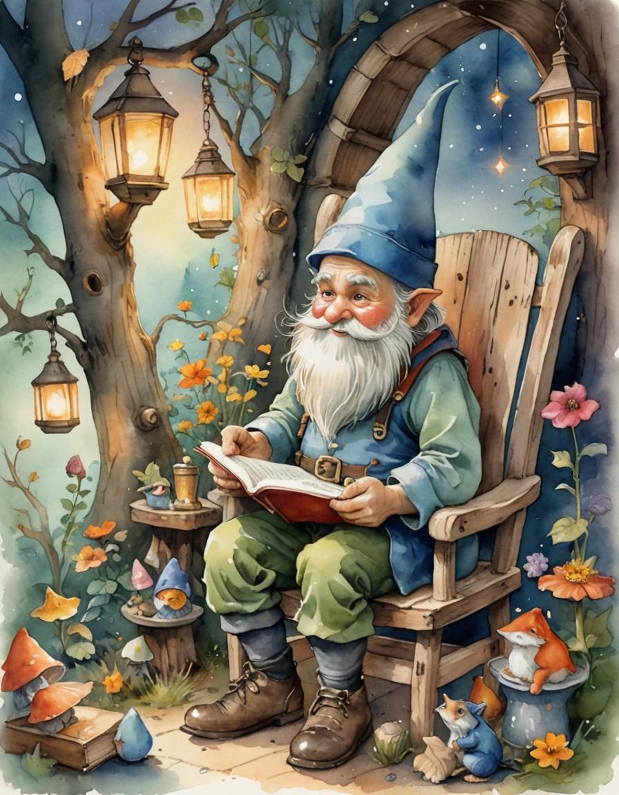 Enchanted Gnome Reading to Creatures: Watercolor Illustratio...