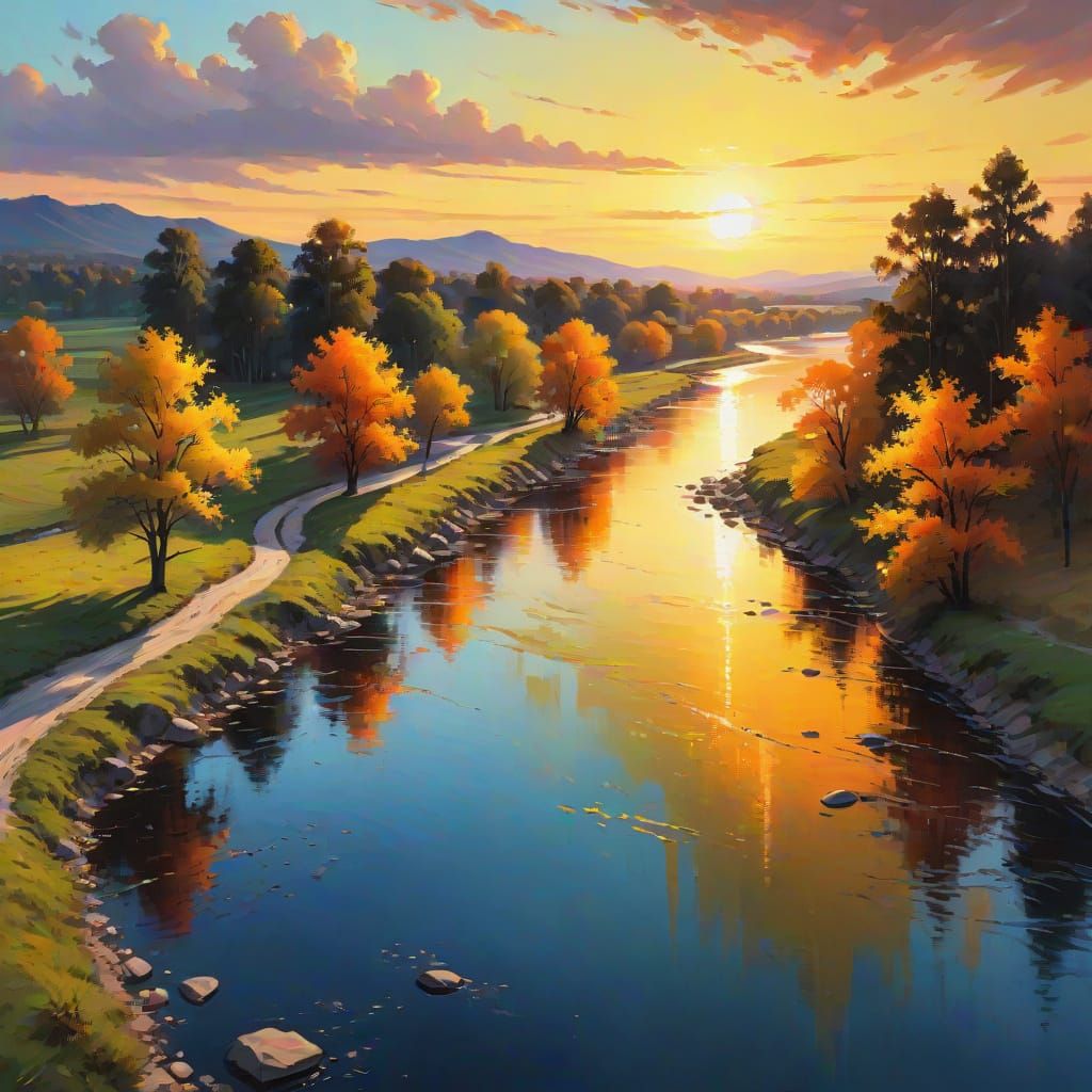 Serene Sunset River Landscape in Oil Painting
