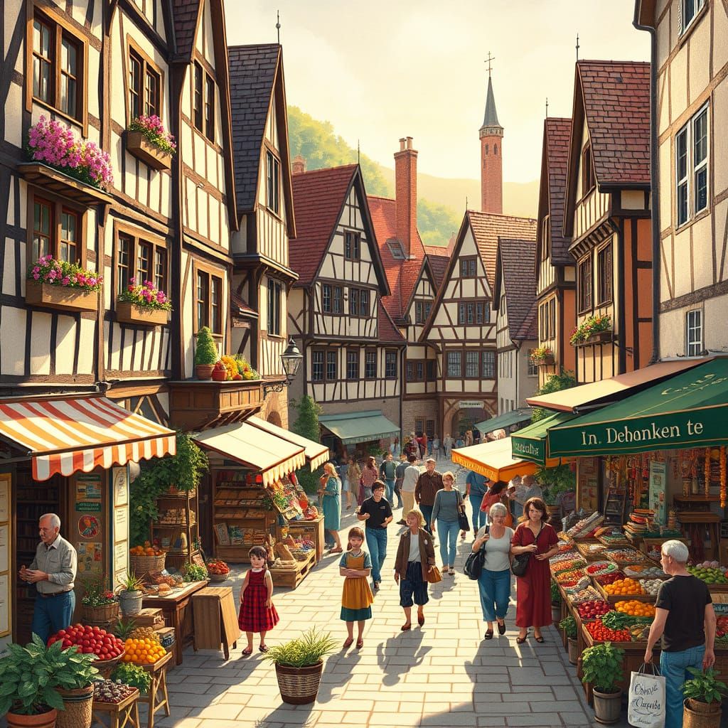 Charming Medieval Market Scene in Folk-Art Style