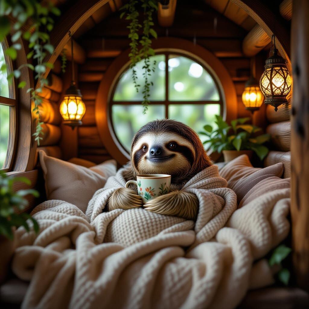 Cozy Sloth Sipping Tea in Rustic Treehouse