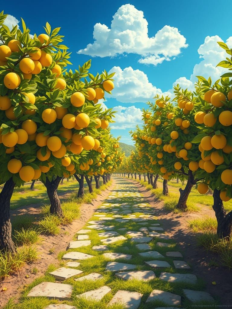 Sunlit Lemon Orchard in Digital Painting Style
